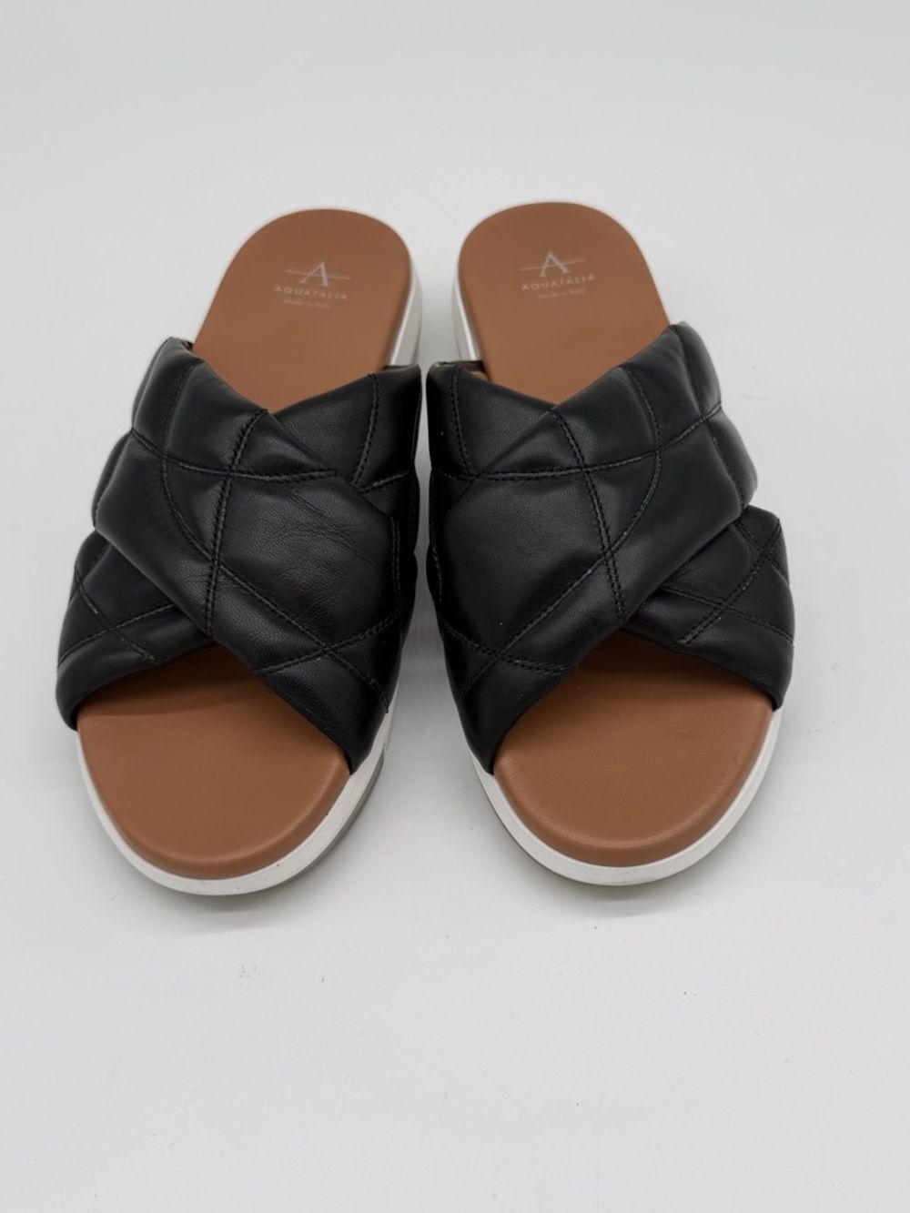 Aquatalia Black Quilted Leather Slide Sandals